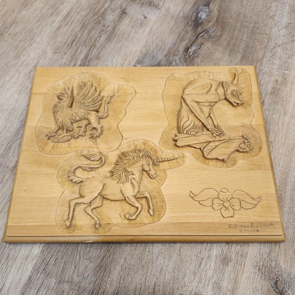 Hand Carved Wooden Plaque, Mythical Creatures Unicorn Griffin Gargoyle Folk Art